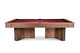 Profile view of the Arthur Deco solid walnut pool table highlighting Art Deco base and slate playfield, white background Profile view of the Arthur Deco solid walnut pool table highlighting Art Deco base and slate playfield, white background